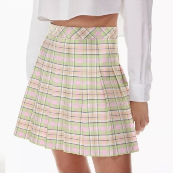 Aritzia Sunday Best Sun-deh Pleated Mini Skirt lime/fuchsia Plaid Size 00 XXS - Picture 4 of 11